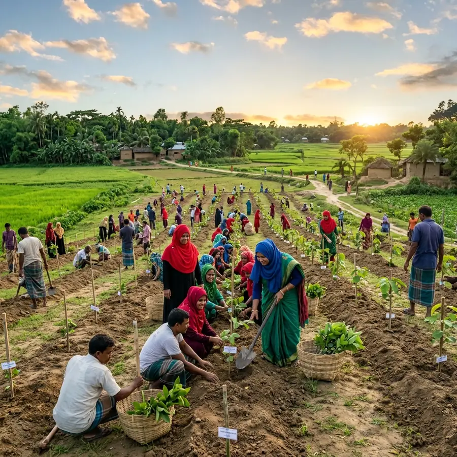 Volunteers planting saplings during a Green Bangladesh drive